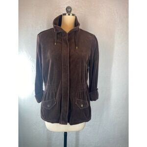 Charter Club‎ Brown Womens M Velour Jacket Hooded Drawstring Pockets Button Cuff